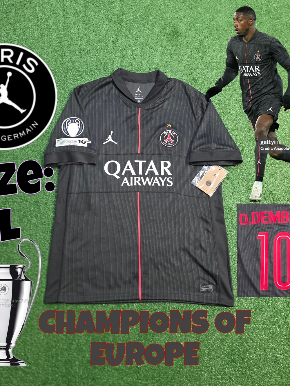 Jordan X PSG Ousmane Dembele #10 2025/26 Fourth 4th Soccer Jersey Large UCL